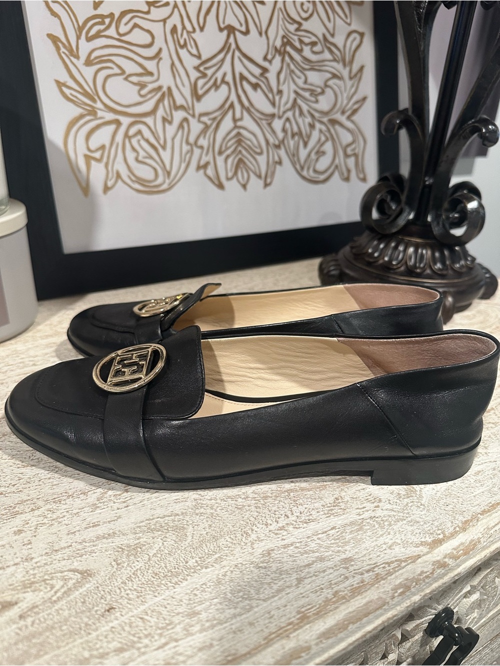ESCADA Black Leather Loafers Gold Logo Flats Women’s EU 38 US 7.5–8